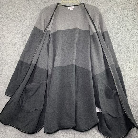 Charter Club Color Block Open Cardigan w/Faux Leather Trim- Heather/Onyx, Sz 0X - Picture 5 of 8